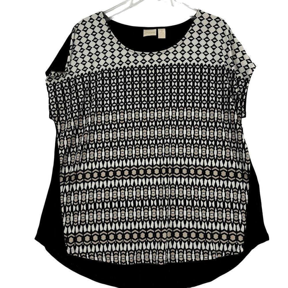 Chico's Size‎ 3 Cap Sleeve Blouse Top Stretch Knit Black Cream Print US Size XL